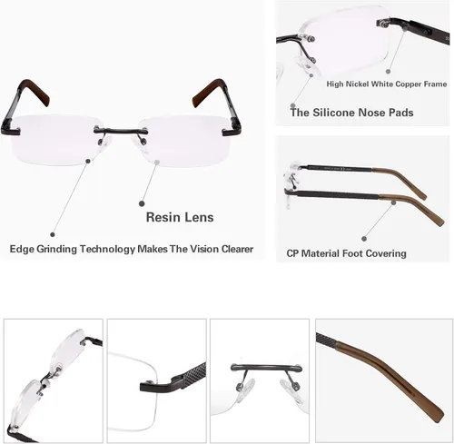 Vista 4 de Paquete de 3 lentes de lectura sin montura para hombres, con bloqueo de luz azul, bisagra de resorte, brazos de metal, resistentes y elegantes