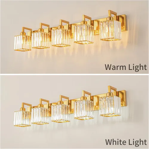 Vista 3 de Moderna lámpara de cristal para pared/tocador de baño, de 5 luces, color cromo Oro torcido