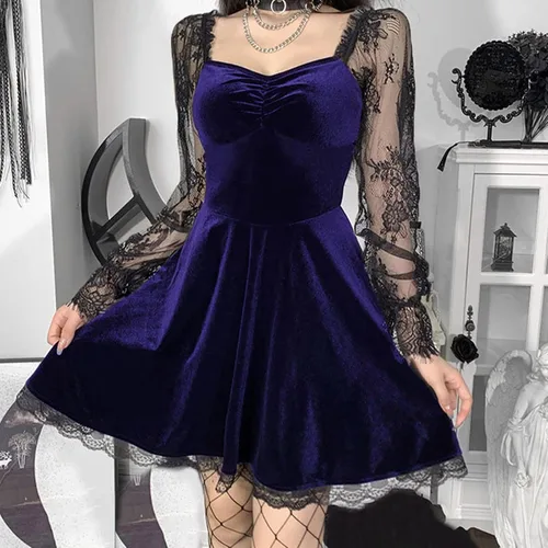 Vista 2 de Vestido gótico de Lolita punk para mujer, de terciopelo, manga larga, estilo grunge, vintage, drapeado, entallado, cóctel, club, fiesta, punk