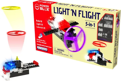 Vista 8 de E-Blox Power Blox Light N' Flight 5 en 1 STEM Kit (58 piezas), bloques de construcción con luz LED y juego de juguetes de lanzamiento de ventilador