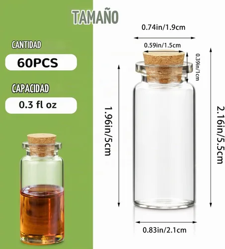 Vista 2 de WFPLUS 60 botellas de vidrio pequeñas de 0.3 fl oz con tapón de corcho, mini frascos de vidrio para bricolaje, pequeños frascos transparentes