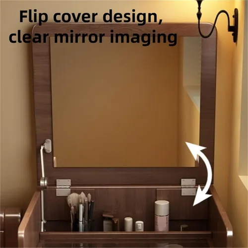 Vista 6 de Makeup Vanity with 3 Drawer and Storage Stool Vanity Dressing Table with Flip Top Dressing Desk Set with Mirror and Jewelry Organizer for