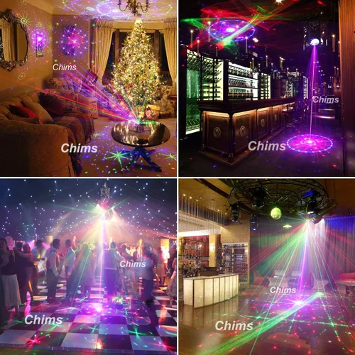 Vista 5 de Chims Proyector de espectáculo de luces para DJ, rojo, verde, azul, LED, 96 patrones, RGRB, música activada, proyector de iluminación para Navidad