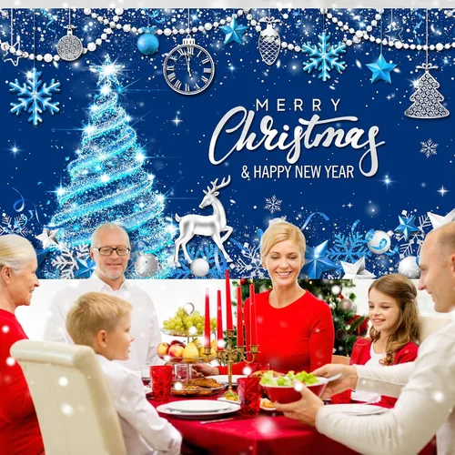 Vista 6 de Tiamon Telón de Fondo Banner de Fiesta Feliz Navidad para Decoración de Fiesta de Navidad y Año Nuevo (Azul Dorado, 72.8 x 43.3 Pulgadas)