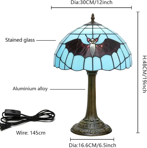 Vista 3 de Lámpara Tiffany de vidrio emplomado con murciélago azul océano, lámpara de mesa de 12" x 19", hecha a mano, decoración costera lista para LED