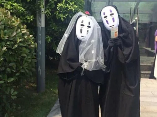 Vista 5 de GK-O Disfraz de anime Kaonashi sin cara con máscara morada, ropa y guantes, Púrpura