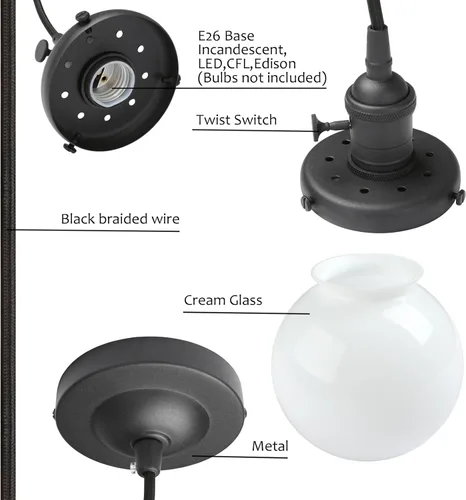Vista 7 de Pathson Milk White Globe Pendant Light with Switch, Modern Pendant Lamp with Adjustable Wire Cord, Frosted Glass Ceiling Lighting Fixture Decor for