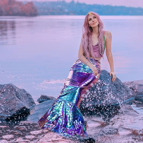 Vista 6 de Jiuguva 5 piezas de disfraz de sirena para mujer, falda de cadena metálica, estrella de mar, clip para el cabello, gel con purpurina para Halloween