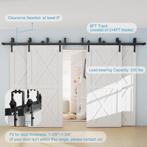 Vista 3 de ZEKOO Kit de hardware para puerta de granero corrediza de 8 pies, cuatro puertas, doble pista, desvío