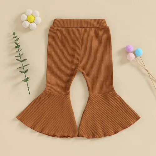 Vista 6 de Pantalones acampanados para bebé niña, color sólido, acanalados, con volantes, pantalones acampanados