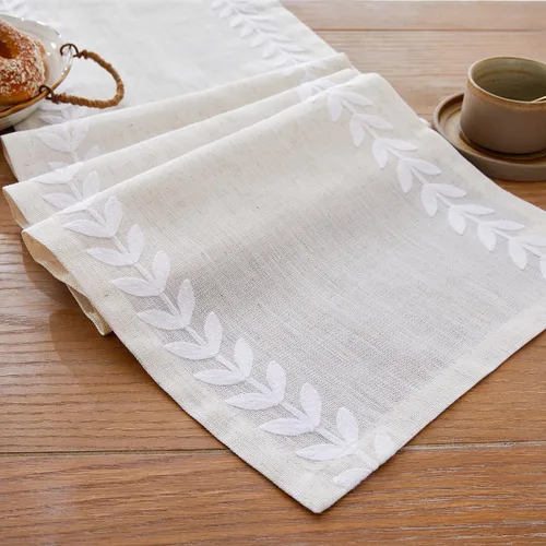 Vista 8 de Camino de mesa bordado de estilo rústico, 13 x 36 pulgadas, caminos de mesa irregulares de hojas de sauce de 36 pulgadas de largo para decoración