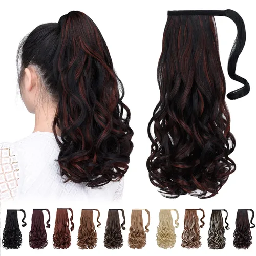 Vista 27 de Extensiones de cabello para cola de caballo, extensión de cola de caballo roja de 16 pulgadas, corta, ondulada, rizada, envolvente, cola de caballo