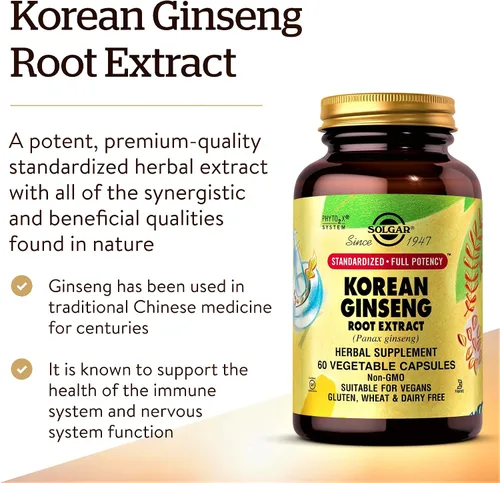 Vista 3 de Solgar, Extracto de Raíz de Ginseng Coreano de Máxima Potencia Estandarizado, Cápsulas Vegetales, E4138, 1, 1