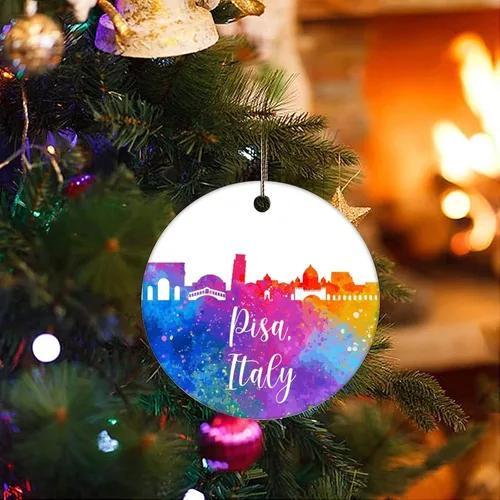 Vista 3 de Adorno de Navidad de cerámica de Pisa de Italia, estampado de dos caras, novedoso para familiares, amigos, niños, colgantes de recuerdo de Navidad