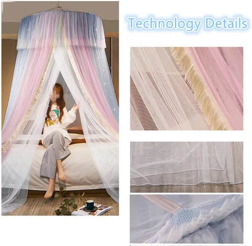Vista 5 de VETHIN - Dosel de cama de princesa para niñas, cortina de dosel de cama de doble capa con malla transparente, mosquitero de princesa con encaje