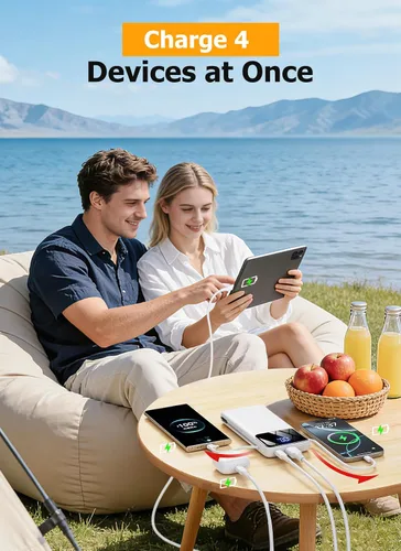 Vista 4 de Banco de energía cargador portátil con cables integrados y enchufe de pared, paquete de batería USB-C delgada de 10000mAh, cargador portátil