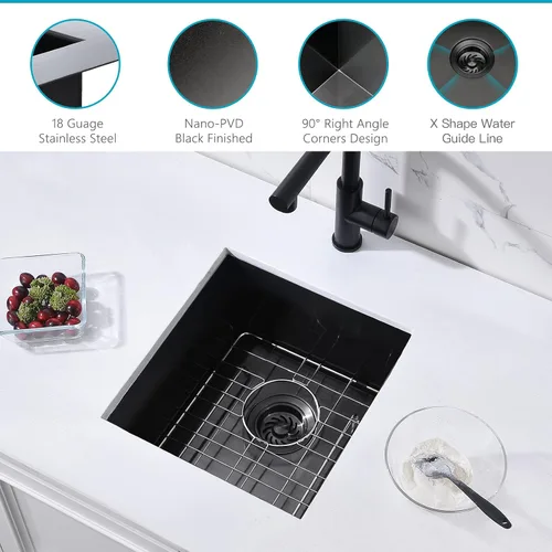 Vista 3 de Fregadero de cocina negro de 15 x 16 x 9 pulgadas, fregadero de cocina pequeño de acero inoxidable negro para preparación debajo del fregadero