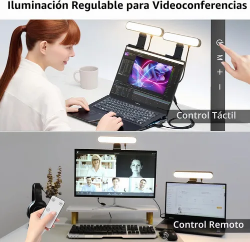 Vista 2 de yAyusi Iluminación de videoconferencia de doble lámpara, luz LED de transmisión con control remoto y táctil, iluminación de zoom para computadora