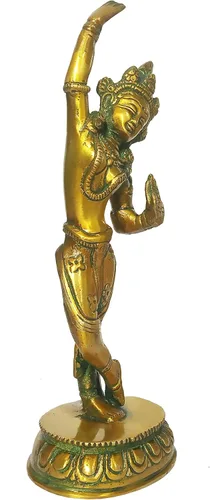 Vista 3 de Purpledip Latón Ídolo Reina Maya de Sakya, Madre de Gautam Buda: Estatua Vintage Acabado Oro (12155)