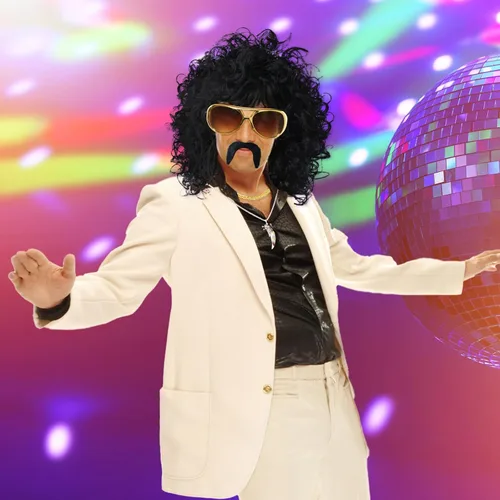 Vista 2 de Etomiel Peluca negra rizada de los años 80 para hombre, disfraces de los años 80 para hombres, pelucas de discoteca de los años 70 para hombres