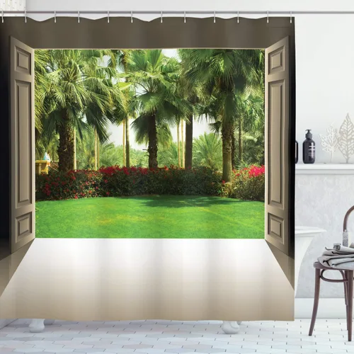 Vista 147 de set de cortina para baño decorativa de tela de poliéster con ganchos