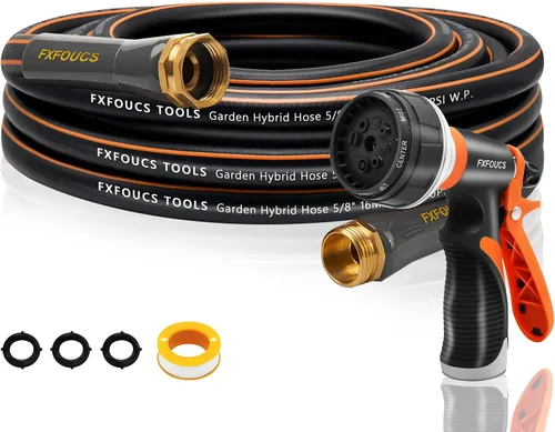 Vista 9 de Manguera de jardín resistente, manguera híbrida flexible y ligera de 5/8 pulgadas con presión de estallido de 600 PSI, mango giratorio y accesorios