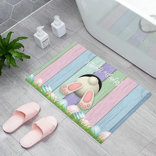 Vista 4 de Tapete de baño absorbente para interiores, tapete antideslizante para puerta delantera, tapete de primavera, Pascua, conejo, huevo, pastizales