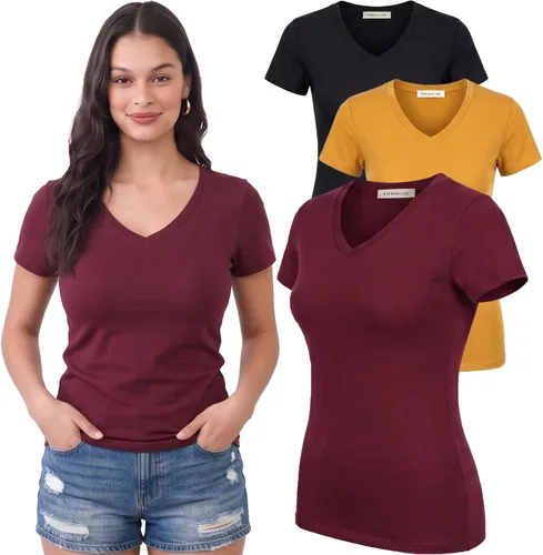 Vista 12 de Emmalise Camiseta de manga corta para mujer, cuello en V, tallas junior y plus