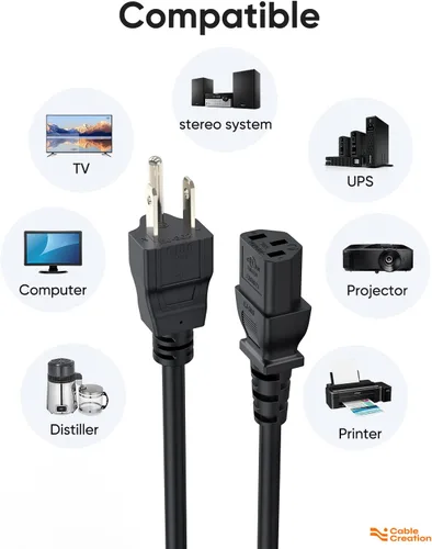 Vista 3 de CableCreation Paquete de 2 cables de alimentación universales NEMA 5-15P a IEC 320 C13 de 1 pie Cable adaptador de alimentación para computadora