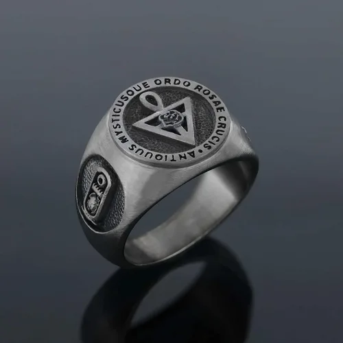 Vista 3 de Anillo Antiquus Mysticusque Ordo Rosae Crucis Signet, Plata de Ley, Bañado en Oro, Rodio, 0.630 x 0.630 in, Anillo Masónico para Hombre