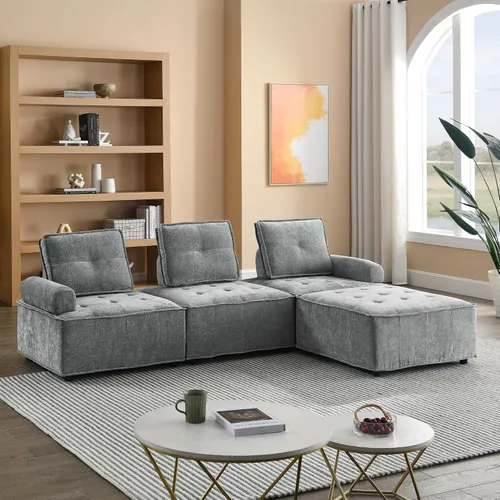 Vista 20 de Quarte Sofá seccional en forma de U, sofá modular con dos asientos individuales, dos sillas, combinación de bricolaje, tela de hilo en bucle Beige/5