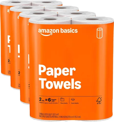 Vista 8 de Amazon Basics Toallas de papel Flex-Sheets de 2 capas, 2 rollos Basics = 6 rollos regulares, valor diario con 150 hojas por rollo, el empaque puede