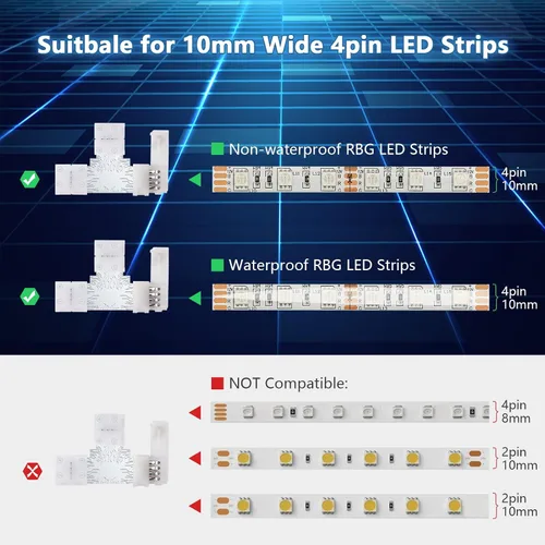 Vista 3 de Paquete de 10 conectores de tira de luz LED RGB de 4 pines, terminal adaptador sin soldadura y sin huecos para tiras LED flexibles SMD 5050 RGB
