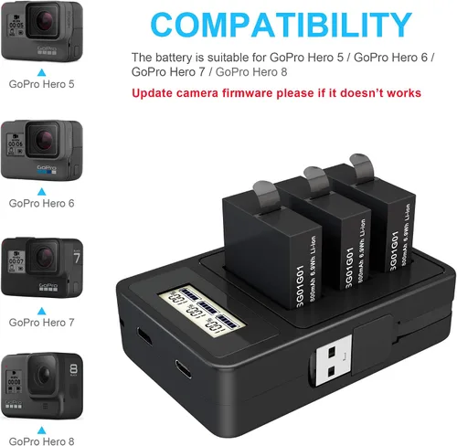 Vista 2 de Paquete de 2 baterías de repuesto para GoPro Hero 8, accesorios de cargador rápido con monitor digital, baterías de 1800 mAh, compatibles con GoPro