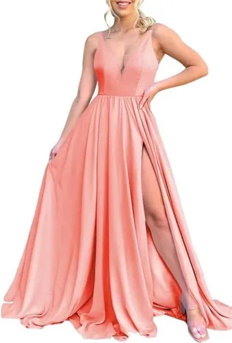 Vista 33 de Vestidos largos de dama de honor para mujer, con abertura, cuello en V, vestido de fiesta formal para boda