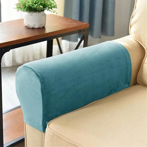 Vista 2 de Juego de 2 fundas elásticas de terciopelo para reposabrazos, sillas y sofás, fundas para sofá reclinable, antideslizantes, suaves y lavables, Azul