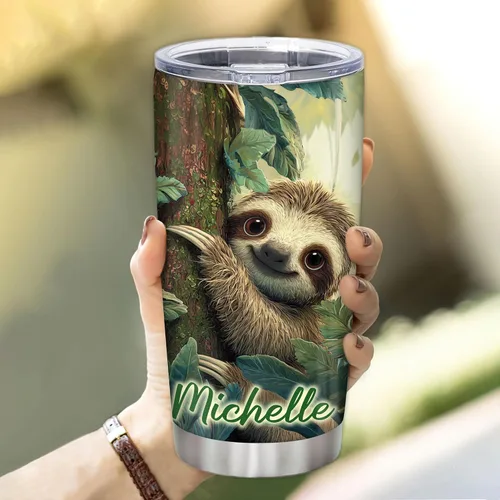 Vista 4 de Hyturtle Regalos personalizados para los amantes de los perezosos, vaso de acero inoxidable con nombre personalizado de 20 onzas con tapa, idea