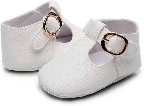 Vista 4 de HONGTEYA Mary Janes - Zapatos planos de piel sintética antideslizante con suela suave para bebés recién nacidos, zapatos de cuna para boda, fiesta