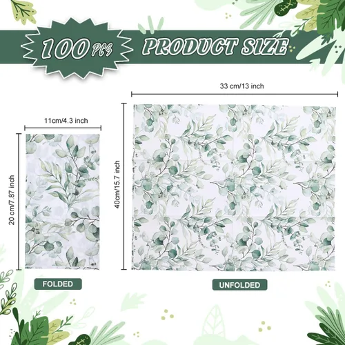 Vista 2 de 100 servilletas desechables para invitados, toallas de mano desechables de papel con hojas verdes, servilletas de mano decorativas de papel