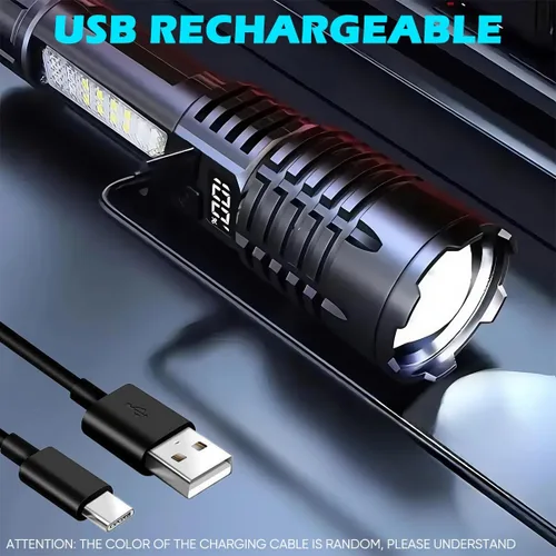 Vista 5 de Linternas LED recargables de alto lúmenes, linterna súper brillante de 10000 lm con pantalla digital LCD, 5 modos, linterna de mano ajustable USB C