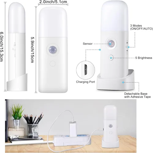 Vista 7 de CREWEEL Luz nocturna recargable con sensor de movimiento, luces nocturnas que funcionan con pilas, luz regulable con sensor de movimiento