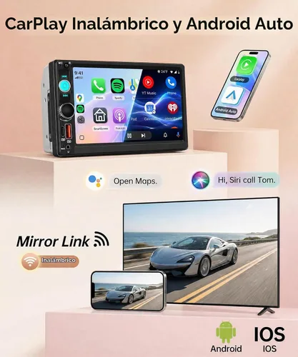 Vista 2 de Estéreo de automóvil de 7 pulgadas, doble DIN, CarPlay inalámbrico, Android Auto, radio de pantalla táctil de 2 DIN, estéreo Bluetooth, cámara