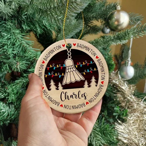 Vista 2 de Adorno de cerámica de bádminton de Navidad, regalos personalizados para jugadores de bádminton, árbol de Navidad colgante de bádminton, adorno