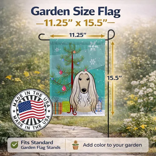 Vista 3 de Caroline's Treasures BB1616GF Bandera decorativa para jardín con árbol de Navidad y sabueso afgano para jardín, bandera decorativa para patio
