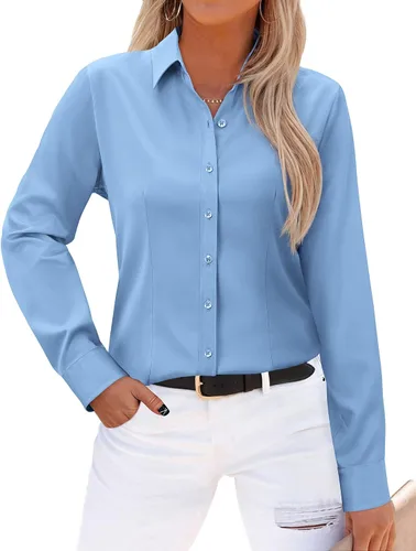 Vista 25 de Gleeivy - Camisas abotonadas para mujer, sin arrugas, de manga larga, camisas de vestir casuales con cuello V, ajustadas, de un solo