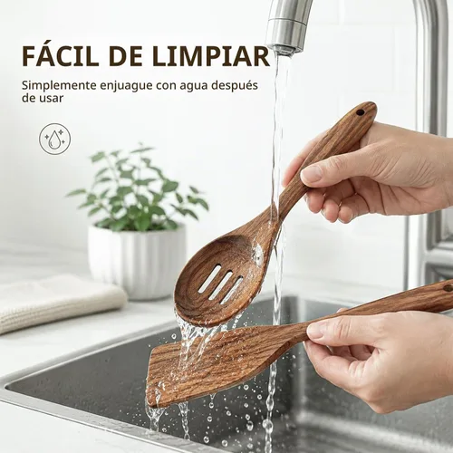 Vista 5 de KITEISCAT Cucharas de madera de acacia para cocinar: juego de utensilios de cocina y cocina de 5 piezas - espátula de madera, cuchara ranurada