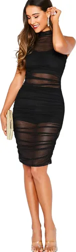 Vista 5 de SheIn Vestido ajustado de malla transparente para mujer, con cuello alto, vestido midi transparente