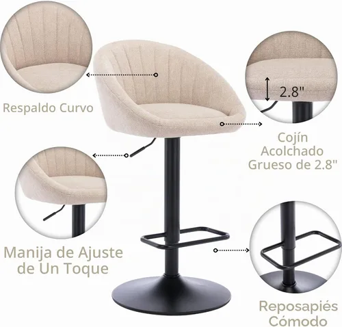 Vista 6 de Juego de 2 taburetes de bar giratorios ajustables, tela de rizo beige