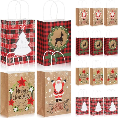 Vista 7 de Resholder 48 Piezas Bolsas de Papel Kraft de Regalo de Navidad a Granel con Asas Bolsas de Dulces Navideñas Reutilizables para Regalos Suministros