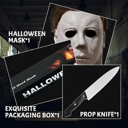Vista 5 de Scary Halloween Mask Adult with Classic Knife - Creepy Horror Costume Accessory for Cosplay (White)